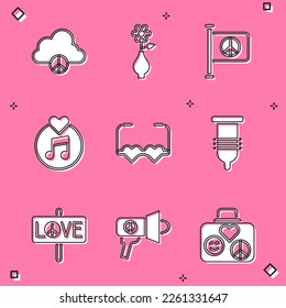 Set Peace cloud, Flower in vase, Flag peace, Vinyl disk, Heart shaped love glasses, Condom,  and Megaphone icon. Vector