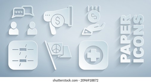 Set Peace, Coins on hand - minimal wage, Barbed wire, Hospital signboard, Megaphone dollar and Speech bubble chat icon. Vector