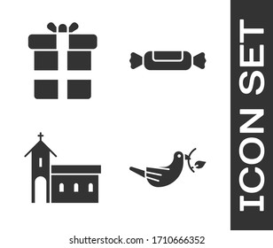 Set Peace dove with olive branch, Gift box, Church building and Candy icon. Vector