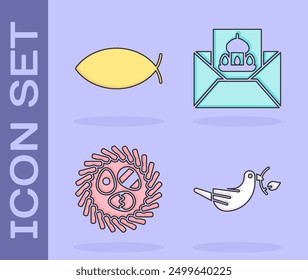 Set Peace dove with olive branch, Christian fish, Easter egg in a wicker nest and Greeting card with Happy Easter icon. Vector