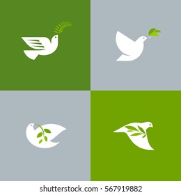 Set of peace doves. Flat style vector logo template of white pigeon with olive branch