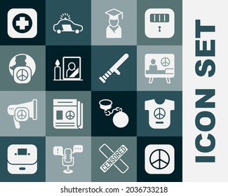 Set Peace, Graduate And Graduation Cap, Mourning Photo Frame, International Day Of Peace, Hospital Signboard And Police Rubber Baton Icon. Vector