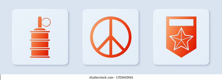 Poner paz , granada de mano y Chevron . Botón cuadrado blanco. Vector