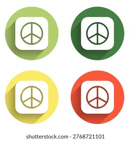 Set Peace icon isolated with long shadow background. Hippie symbol of peace. Color circle button. Vector