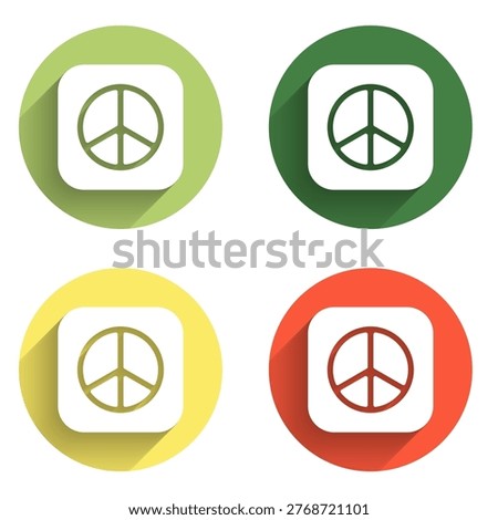 Set Peace icon isolated with long shadow background. Hippie symbol of peace. Color circle button. Vector