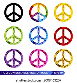 Set of Peace Icons Logo, Vektorgrafik. Mit farbigem Polygonal Low Poly. Farbiger abstrakter Symbolvektor. Das Symbol im Origami-Stil. Hippie-Zeichen-Vektorgrafik