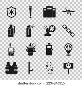 Set Peace, Location peace, Chain link, Police assault shield, Pepper spray, Hand grenade, badge and Protest icon. Vector