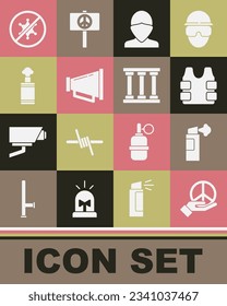 Set Peace, Pepper spray, Bulletproof vest, Vandal, Megaphone, Hand grenade, Protest and Prison window icon. Vector