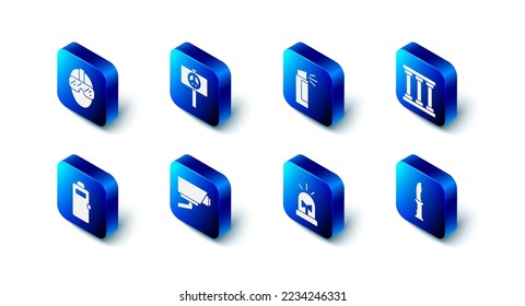 Set Peace, Pepper spray, Prison window, Military knife, Flasher siren, Security camera, Police assault shield and Special forces soldier icon. Vector