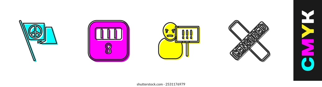Set Peace, Prison cell door, Protest and Censored stamp icon. Vector