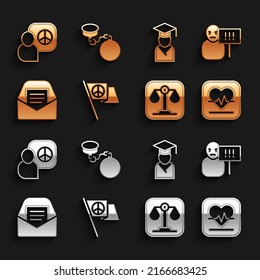 Set Peace, Protest, Heart Rate, Scales Of Justice, Mail And E-mail, Graduate Graduation Cap, Talks And Ball Chain Icon. Vector