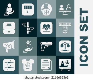 Set Peace, Scales of justice, Censored stamp, International day peace, Security camera, Vote box, Life insurance in hand and Heart rate icon. Vector