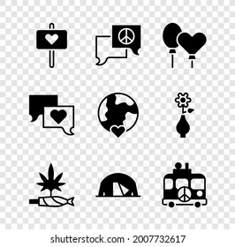 Set Peace, Speech burbubble chat, Balloons, Marijuana Joint, Diviff, Tourist tent, Hippie camper van y The heart world - love icon. Vector