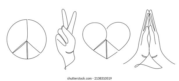 Set of peace symbols in a modern abstract minimalist one line style. Continuous black line simple drawing. Vector illustration. Pray for Ukraine. No war.