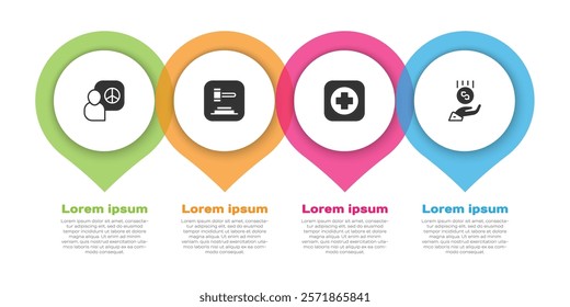 Set Peace talks, Judge gavel, Hospital signboard and Coins on hand - minimal wage. Business infographic template. Vector