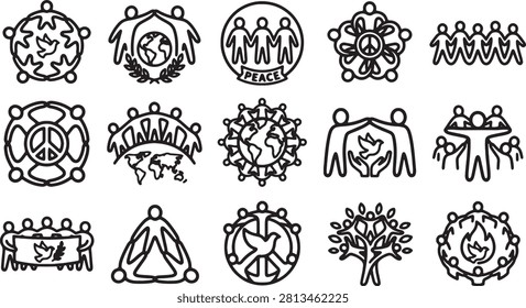 Set of peace and unity icons depicting people surrounding a globe, holding hands, and doves, symbolizing global connection, community, and solidarity.