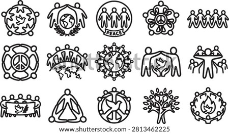 Set of peace and unity icons depicting people surrounding a globe, holding hands, and doves, symbolizing global connection, community, and solidarity.