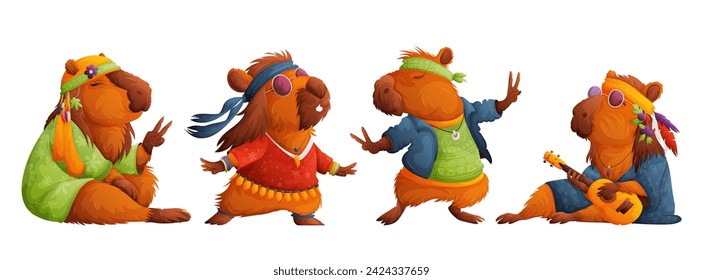 Set of peaceful hippie capybaras. Calm capybara in bright hippie clothes and pink glasses, relaxes, meditates and plays a small ukulele guitar. Cartoon style