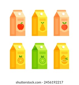 Set of peach, apple, orange, lemon, peach, and passion fruit juice cartons. Flat icon set isolated on white background. Healthy fruit beverage concept for grocery stores and menu design