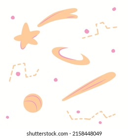 Set of peach cosmos symbols flat style, vector illustration isolated on white background. Star, comet and planet, abstract geometric shapes. Cute different objects