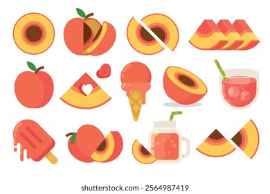 Set of Peach, Farm fresh Peach product emblem for grocery shop, collection of ice cream, Juice jar, glass of juice, ice cream cone and stick, simple flat vector illustration of fruits.