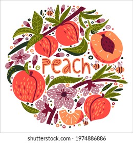 Set with peach, flowers, peach slices, cute little bees and flowering peach sprigs. doodle lettering peach. Food background. Flat fruits on white. Vegan, farmed, natural