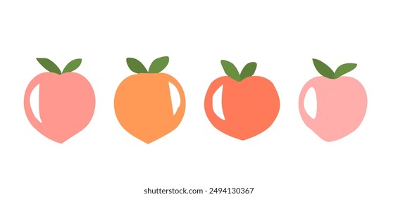 Conjunto de fruta de melocotón, albaricoque con el signo de icono de hojas verdes aislado en el Vector de fondo blanco.