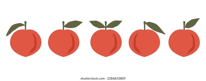 Satz Pfirsichfrüchte mit grünem Laub Symbol einzeln auf weißem Hintergrund, Vektorgrafik.