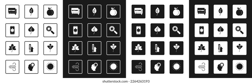 Legen Sie Pfirsichfrucht, Leaf oder Blätter, auf dem Handy, Speech Blase mit Text Herbst, Magnifying Glas Blatt und Symbol. Vektorgrafik