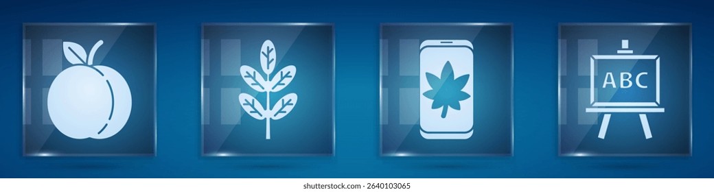Set Peach fruit, Leaf or leaves, Leaf on mobile phone and Chalkboard. Square glass panels. Vector