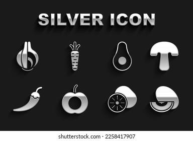 Set Peach fruit, Mushroom, Melon, Kiwi, Hot chili pepper pod, Avocado, Onion and Carrot icon. Vector