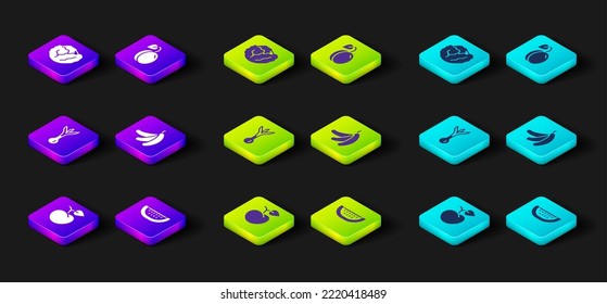 Set Peach fruit or nectarine, Watermelon, Onion, Banana, Plum and Cabbage icon. Vector