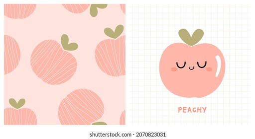 Set of peach fruit on pink background vector illustration. Sleeping peach cartoon on grid cells background.