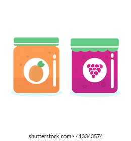 Set of peach and grape jam jar of fruit marmalade on white background.