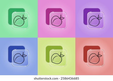 Set of peach icons in different colors. Healthy eating concept. Vector icon in Glassmorphism style for business and advertising. Modern vector illustration.