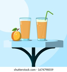 Set of peach juice and smoothie glasses. Healthy summer drinks from fruits on a table. Design for eco diet, fitness or detox. Organic vegan food.