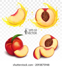 Set peach, nectarine, fresh fruit, slice with splash, juicy and drops, 3d realistic, vector icon