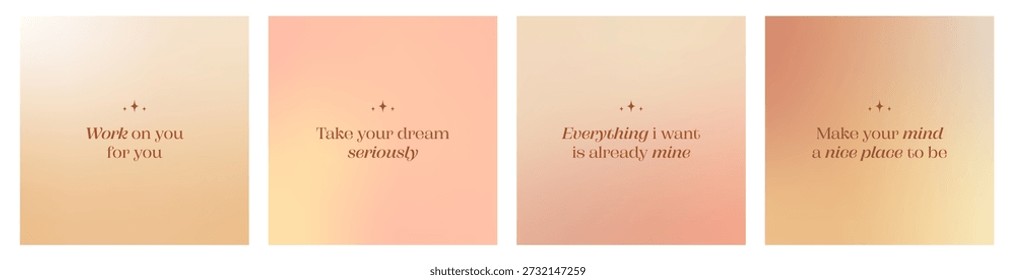 Set of peach and pink gradient background with soft pastel color. Abstract backdrop with trendy phrases.