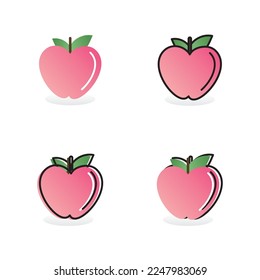 Set of peaches with leaves. Whole shape peaches, apples. Peach isolated on white background. Flat design.
