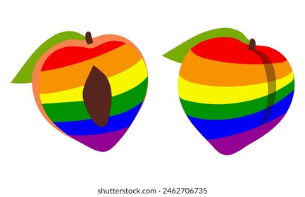 Set of peaches painted in all colors of the rainbow. Colorful fruits separately. Whole and half in different poses. LGBT symbol. Suitable for website, blog, product packaging, home decor, stationery