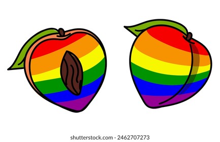 Set of peaches painted in all colors of the rainbow with contour. Colorful fruits separately. Whole and half in different poses. LGBT symbol. Suitable for website, blog, product packaging, home decor