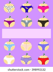 Set of peaches in panties funny vector illustration for postcard with place for text, hen party postcard, bachelorette party invitation, stag party funny invitation, summer vacation concept