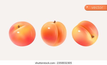 Set of peaches. Sweet fruit. 3d vector set isolated. Realistic vector cartoon style