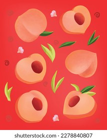 Set of Peaches Vector Illustration, Texture Peach with leaves and flowers, red background