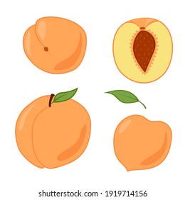 A set of peaches, whole and cut. Colored isolated objects on a white. Cartoon.