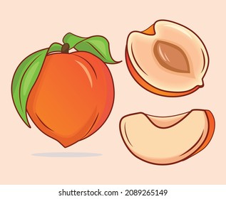 A set of peaches, whole and cut. Peach icons. Peach vector illustrations