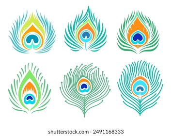 Set of peacock feathers. Bright colored silhouette. Simplified minimalistic feather vector design. Decorative sign.