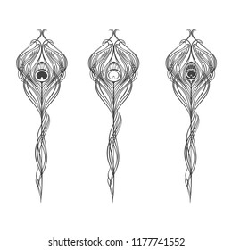 Set of peacock feathers  isolated on white background. Hand drawn vector illustration, sketch. Elements for design.