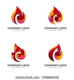 set peacock fire logo, peacock and fire, combination logo with 3d red and orange color style
