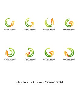 set peacock leaf logo, peacock and leaf, combination with 3d green and orange color style